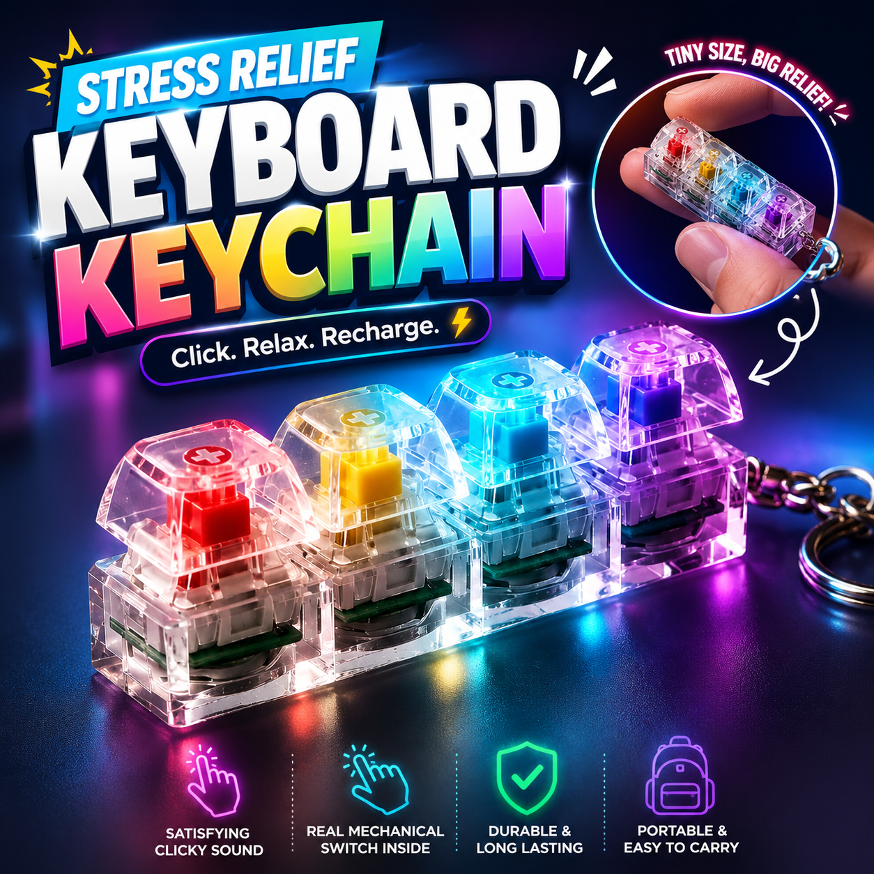 Keyboard Fidget Stress Relief Keychain for Kids & Adults (Random Colors | KC